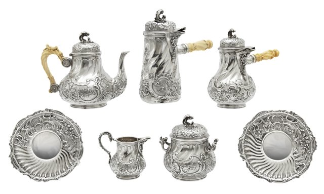 Seven Piece French First Standard Silver Petit Dejeuner: Seven Piece French First Standard Silver Petit Dejeuner Set, c. 1884-1895, by Jules Monney, consisting of a teapot, coffee pot, covered sugar, creamer, two saucers, and a chocolate pot, the coffee pot