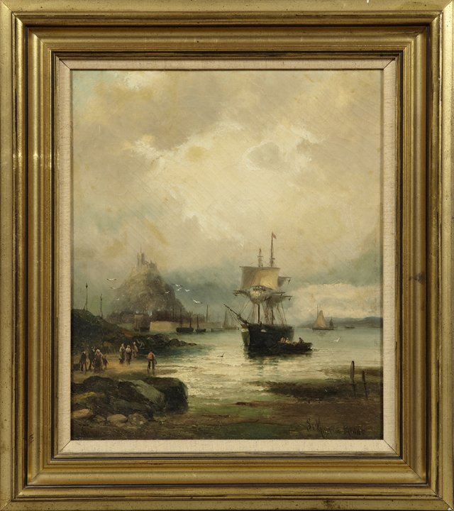William George Thornley (1857-1935, English), "Fishing: William George Thornley (1857-1935, English), "Fishing Boats Before St. Michael's Mount," signed l.l., presented in a gilt frame, H.- 13 1/2 in., W.- 11 1/2 in.