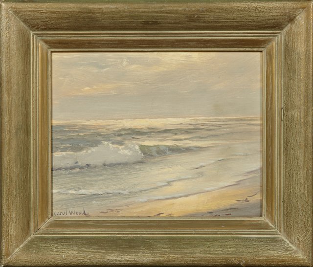 Caryl Prico Wood, "Twilight on the Sea," 20th c., oil: Caryl Prico Wood, "Twilight on the Sea," 20th c., oil on board, signed l.l., framed, H.- 7 1/2 in., W.- 9 1/2 in. Note: Caryl was the wife of Robert William Wood.