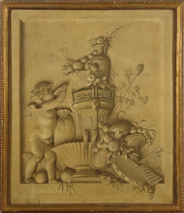 Continental School, "Cupid's Fountain," early 19th c.,: Continental School, "Cupid's Fountain," early 19th c., grisaille oil on canvas, depicting cupid drinking from a fountain laden with fruit, with musical instruments at the base, presented in a gilt fra