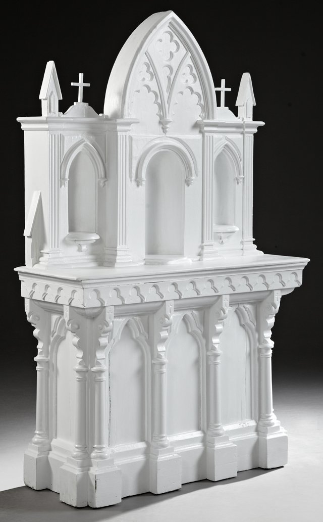 Gothic Revival Polychromed Carved Cypress Altar, c.: Gothic Revival Polychromed Carved Cypress Altar, c. 1900, Louisiana, the arched crown with trefoil decoration flanked by crosses over three naves, on a stepped base with trefoil decoration flanked by 