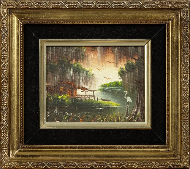 Amanda Loo (Louisiana), "Evening Louisiana Bayou,": Amanda Loo (Louisiana), "Evening Louisiana Bayou," 1987, oil on board, signed l.l., signed, dated, and titled verso, presented in a gilt frame, H.- 4 in., W.- 4 1/2 in.