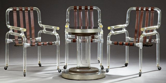 Set of Three Jeff Messerschmidt Lucite Armchairs and: Set of Three Jeff Messerschmidt Lucite Armchairs and Associated Lucite Pedestal Table Base, c. 1970, consisting of three lucite chromed metal and leather armchairs on casters, each signed at back "197