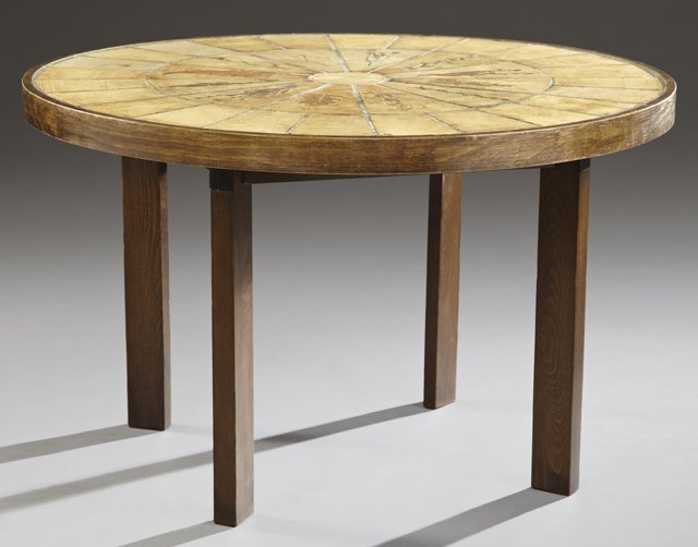 Roger Capron (1922-2006, France), Vallauris,: Roger Capron (1922-2006, France), Vallauris, Mid-Century modern dining table with a botanical imprinted glazed stoneware inlaid top within a laminated oak edge on flat square legs, signed in tile, c.