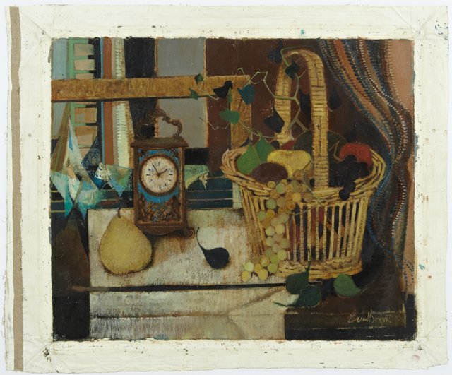 Robert Vernet Bonfort (1934- , French), "Still Life: Robert Vernet Bonfort (1934- , French), "Still Life with Pear, Clock, and Basket of Fruit," 20th c., oil on canvas, signed l.r., unstretched, shrink wrapped, H.- 18 in., W.- 21 1/2 in.