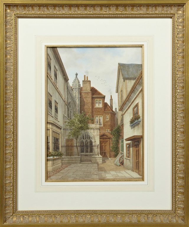 James Lawson Stewart (1829-1911, English), "Behind the: James Lawson Stewart (1829-1911, English), "Behind the Church," 19th c., watercolor, signed in monogram l.l., presented in a gilt frame, H.- 13 1/4 in., W.- 9 3/4 in.