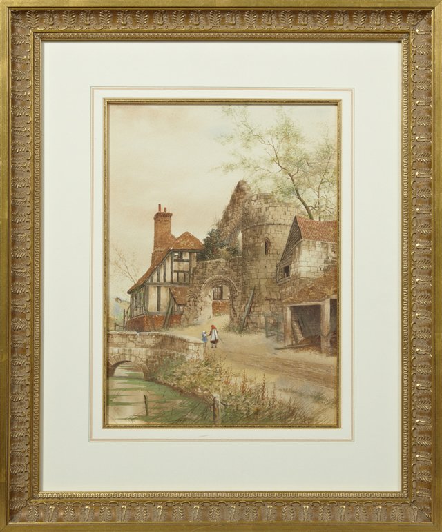 James Lawson Stewart (1829-1911, English), "Figures on: James Lawson Stewart (1829-1911, English), "Figures on the Road by the Castle Ruins," 19th c., watercolor, signed in monogram l.r., presented in a gilt frame, H.- 13 1/2 in., W.- 9 1/2 in.