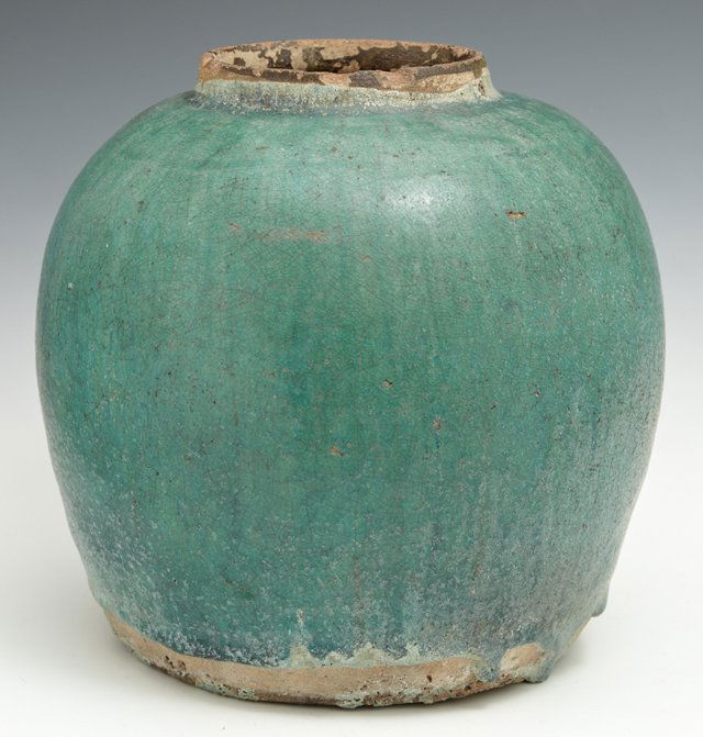 Chinese Earthenware Baluster Ginger Jar, 19th c., in: Chinese Earthenware Baluster Ginger Jar, 19th c., in blue-green glaze, now lacking the lid, H.- 7 3/4 in., Dia.- 8 in.