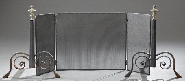 Three Piece Wrought Iron Fireplace Set, 20th c.,: Three Piece Wrought Iron Fireplace Set, 20th c., consisting of a pair of large brass and wrought iron andirons, together with a folding firescreen, Andirons- H.- 30 1/2 in., W.- 24 in., D.- 23 in., Sc