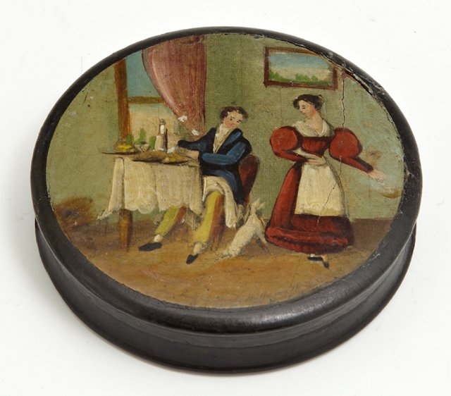 Black Lacquered Circular Papier Mache Snuff Box, 18th: Black Lacquered Circular Papier Mache Snuff Box, 18th c., the lid with a painted scene of a couple and a dog, H.- 9/16 in., Dia.- 3 3/8 in.