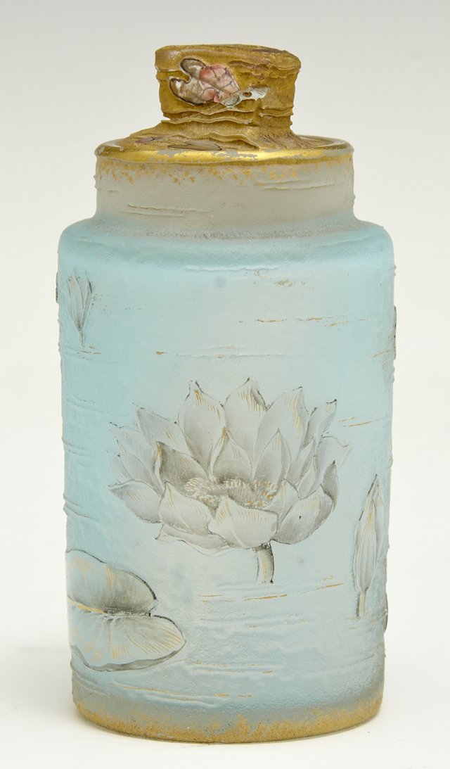 Daum Nancy Cameo Art Glass Perfume Bottle, c.1890, the: Daum Nancy Cameo Art Glass Perfume Bottle, c.1890, the pale textured aqua glass bottle with relief gilt decorated water lilies and pads, the gilt decorated stopper also with a relief gilt water lily a