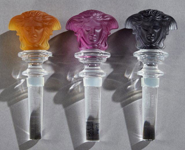 Group of Three Rosenthal Crystal "Versace" Wine Bottle: Group of Three Rosenthal Crystal "Versace" Wine Bottle Stoppers, 20th c., each signed, in original boxes, two with certificates of authenticity, H.- 5 1/8 in., W.- 2 1/8 in, D.- 7/8 in.