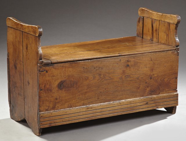 French Provincial Carved Applewood Bench, early 19th: French Provincial Carved Applewood Bench, early 19th c., the lifting top opening to storage, flanked by serpentine arm rests, on block feet, H.- 26 1/4 in., W.- 41 1/2 in., D.- 18 1/2 in.