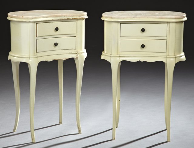 Pair of Louis XV Style Polychromed Carved Beech Kidney: Pair of Louis XV Style Polychromed Carved Beech Kidney Shaped Marble Top Nightstands, the figured pink shaped marble over two concave drawers, above a serpentine apron, on cabriole legs, H.- 26 3/8 in