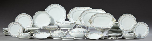 Seventy Four Piece Set of Limoges Porcelain Dinnerware,: Seventy Four Piece Set of Limoges Porcelain Dinnerware, early 20th c., by J. Pouyat Co., consisting of 29 dinner plates, 18 salad plates, 10 soup bowls, 4 compotes, covered tureen, 2 sauce boats with 