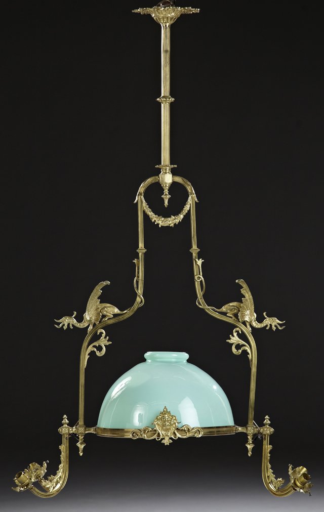 French Gilt Bronze Five Light Chandelier, c. 1880, with: French Gilt Bronze Five Light Chandelier, c. 1880, with a reeded support to relief carved winged gryphon arms enclosing a green opaline glass shade, issuing double scrolled arms with floriform shade h