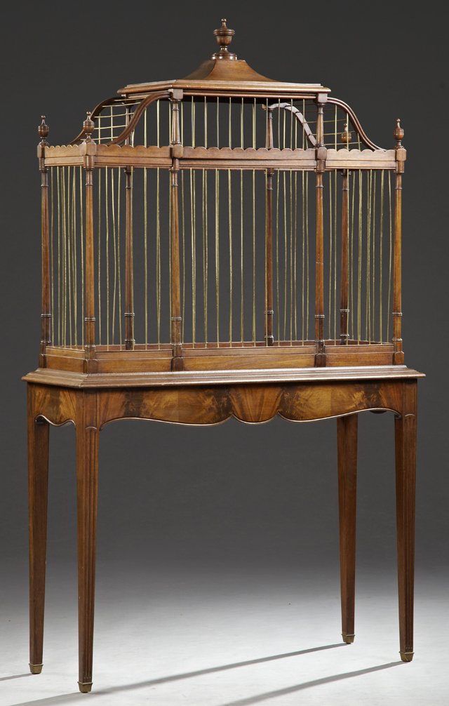 Large English Carved and Turned Mahogany and Brass: Large English Carved and Turned Mahogany and Brass Hepplewhite Style Planter, 20th c., in the form of a birdcage on stand, the interior base of the cage fitted with a trio of removable copper liners, 
