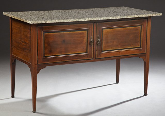 English Inlaid Mahogany Granite Top Sideboard, early: English Inlaid Mahogany Granite Top Sideboard, early 20th c., the black and grey granite over two herringbone inlaid banded doors, flanked by banded inlaid stiles, to banded tapered square legs with o