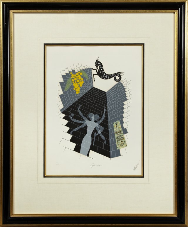 Erte (1892-1990, Russian), "Capricorn," 20th c.,: Erte (1892-1990, Russian), "Capricorn," 20th c., serigraph, V/XC, from his zodiac suite, pencil numbered l.l. margin, pencil titled lower center margin, pencil signed l.r. corner, presented in a gilt