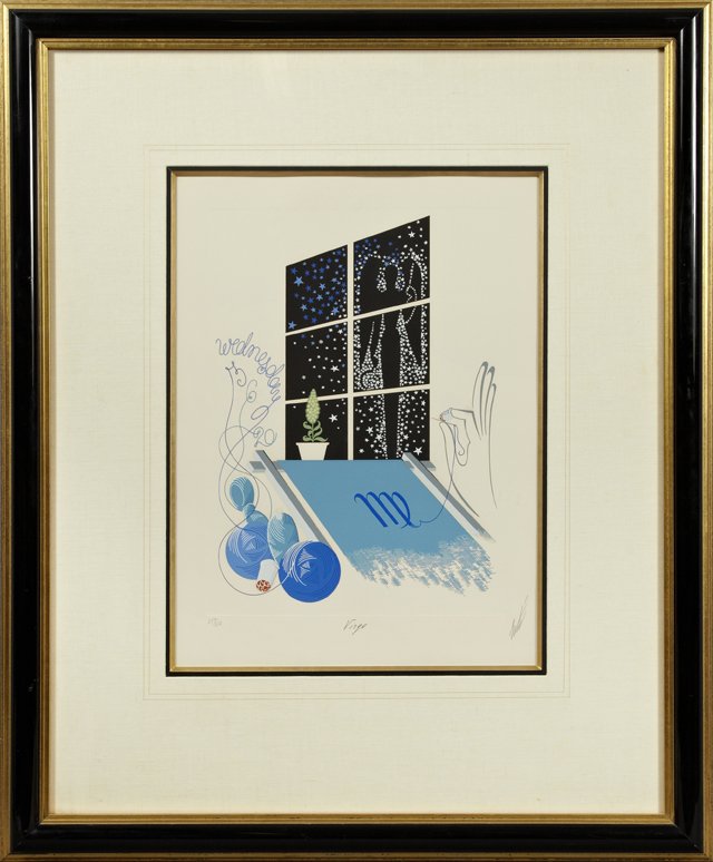 Erte (1892-1990, Russian), "Virgo," 20th c., serigraph,: Erte (1892-1990, Russian), "Virgo," 20th c., serigraph, 289/350, from his zodiac suite, pencil numbered l.l. margin, pencil titled lower center margin, pencil signed l.r. corner, presented in a gilt a