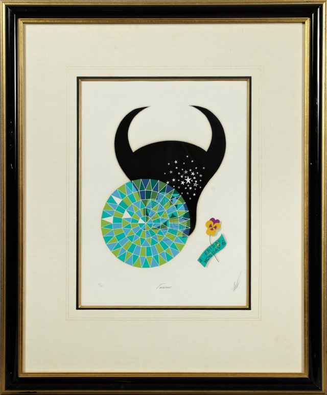 Erte (1892-1990, Russian), "Taurus," 20th c.,: Erte (1892-1990, Russian), "Taurus," 20th c., serigraph, IX/XC, from his zodiac suite, pencil numbered l.l. margin, pencil titled lower center margin, pencil signed l.r. corner, presented in a gilt an