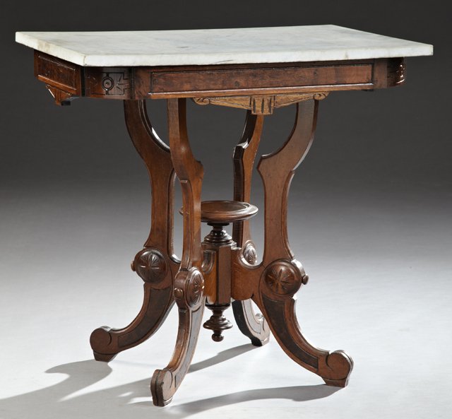 Eastlake Carved Walnut Marble Top Lamp Table, c. 1890,