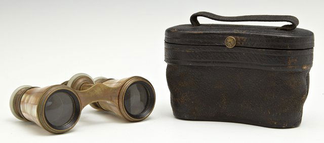 Pair of Mother-of-Pearl Opera Glasses, c. 1900, by: Pair of Mother-of-Pearl Opera Glasses, c. 1900, by Moublon Fabi, with original leather carrying case, H.- 2 1/16 in., W.- 3 3/4 in., D.- 1 3/8 in.