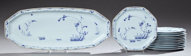 Thirteen Piece Haviland Limoges Fish Set, 20th c., in: Thirteen Piece Haviland Limoges Fish Set, 20th c., in the "Jardin Bleu" pattern, consisting of a platter and 12 octagonal plates, Plates- Dia.- 9 5/8 in., Platter- W.- 22 5/8 in., D.- 9 1/2 in.
