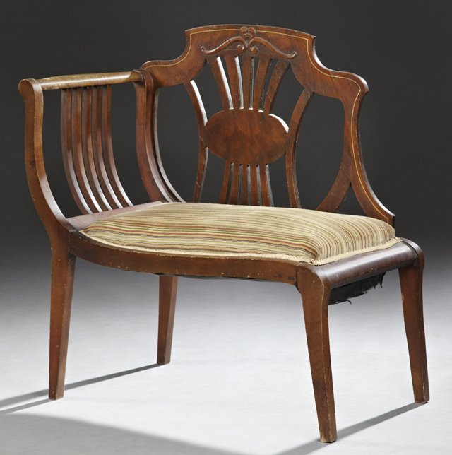 Petite Empire Revival Carved Mahogany Recamier Style: Petite Empire Revival Carved Mahogany Recamier Style Window Seat, c. 1940, the serpentine crest over a pierced shield form back, to a bowed armrest, over a rectangular seat, all on tapered legs, H.- 3