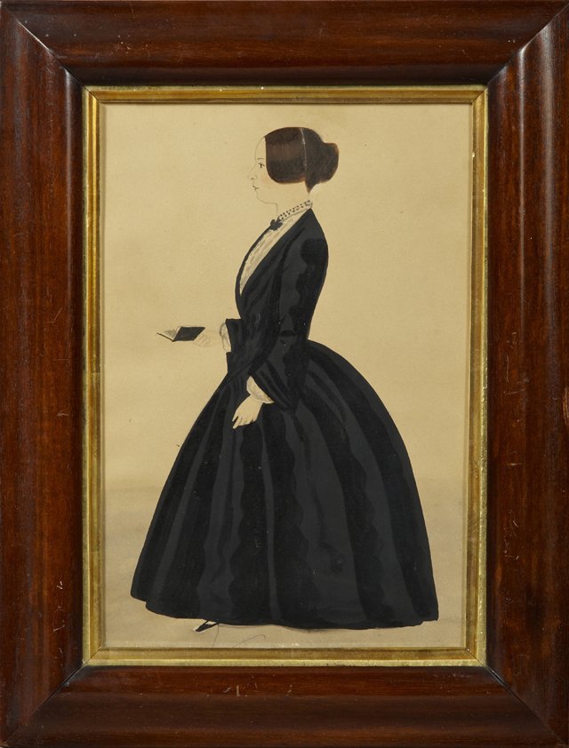 American School, "Portrait of Jane Warren," 1853,: American School, "Portrait of Jane Warren," 1853, watercolor, with story verso, presented in a period gilt and mahogany frame, H.- 10 in., W.- 6 1/2 in.