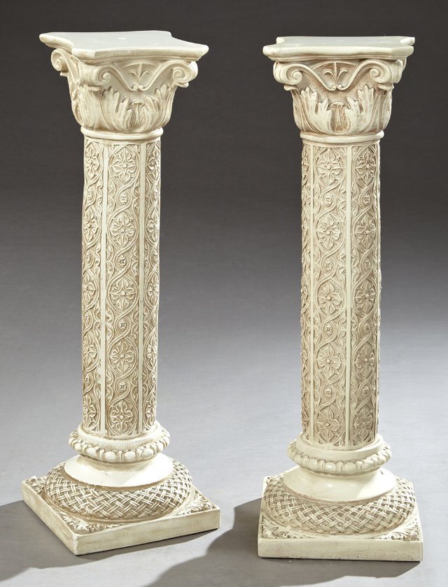 Pair of French Gothic Style Polychromed Terracotta: Pair of French Gothic Style Polychromed Terracotta Pedestals, 20th c., the shaped Corinthian capital square tops on floret decorated columns, to stepped socles, on square bases, H.- 30 in., W.- 8 1/2 