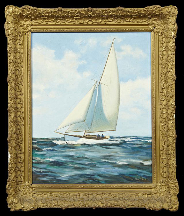 L. Raymond, "Sailboat Under Full Sail," 20th c., oil on: L. Raymond, "Sailboat Under Full Sail," 20th c., oil on canvas, signed l.r., presented in a gilt and gesso frame, H.- 19 1/4 in., W.- 15 1/4 in.
