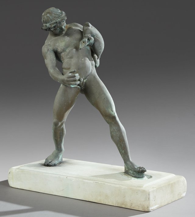 Italian "Grand Tour" Patinated Bronze Figure of: Italian "Grand Tour" Patinated Bronze Figure of Bacchus, 19th c., the nude and drunken youthful Bacchus depicted with his wineskins, after the Antique model, presented on an oblong stepped marble base