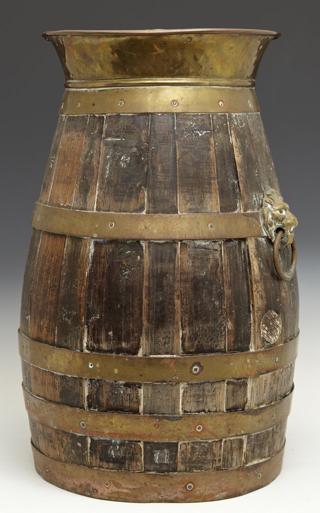 English Brass Bound Oak Umbrella Stand, early 20th c.,: English Brass Bound Oak Umbrella Stand, early 20th c., of tapered form, with lion's head ring pull handles, H.- 15 3/8 in., Dia.- 10 in.