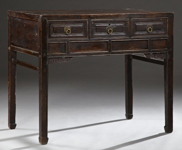 Chinese Three Drawer Altar Table, early 20th c.,: Chinese Three Drawer Altar Table, early 20th c., possibly Hongmu wood, the square top with flush edges, over three frieze drawers with brass pulls, above a "secret" compartment, on tapered square legs