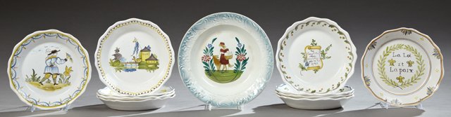 Set of Eleven Pieces of French Provincial Ceramic: Set of Eleven Pieces of French Provincial Ceramic Dinnerware, 19th c., in the style of Quimper, consisting of ten scalloped plates and a bowl, Plates- H.- 1 1/2 in., Dia.- 9 1/8 in.
