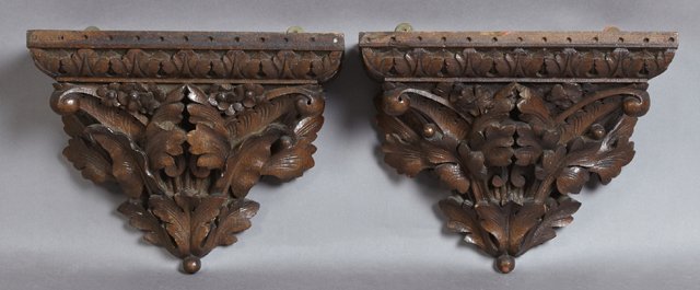 Pair of Carved Oak Wall Brackets, c. 1880, with relief: Pair of Carved Oak Wall Brackets, c. 1880, with relief leaf and floral carving, H.- 8 1/2 in., W.- 11 in., D.- 4 1/4 in.