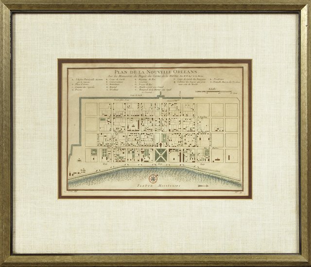 "Plan de la Nouvelle Orleans," by Jacques Nicolas: "Plan de la Nouvelle Orleans," by Jacques Nicolas Bellin, Paris, 1764, hand colored copper engraving, depicting the French Quarter, with a list of keys across the top and turbulent waves of the Missis