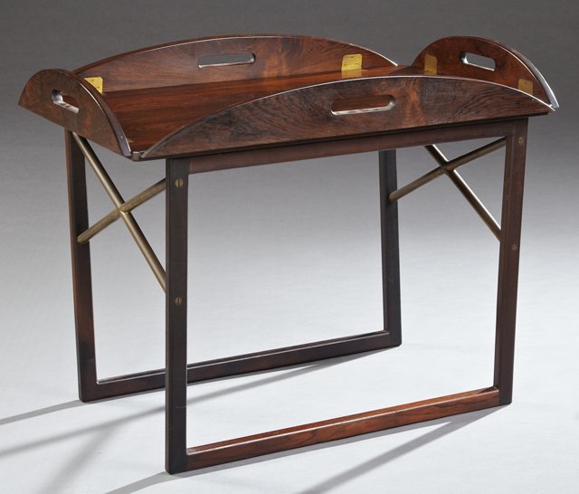 Danish Modern Rosewood Grained Butler's Tray Table, mid: Danish Modern Rosewood Grained Butler's Tray Table, mid 20th c., Copenhagen, by Langkilde Mobler, the oval folding side tray on square legs joined by square and x-form brass stretchers, stamped and ta