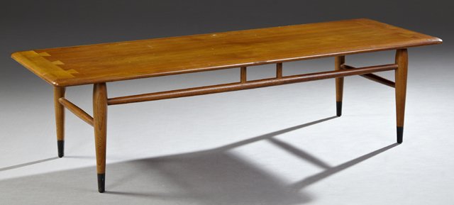 Mid-Century Modern Carved Teak Coffee Table, mid 20th: Mid-Century Modern Carved Teak Coffee Table, mid 20th c., by Lane, the curved corner rectangular top on turned tapered legs to ebonized feet, joined by turned tapered box stretchers, stamped under the