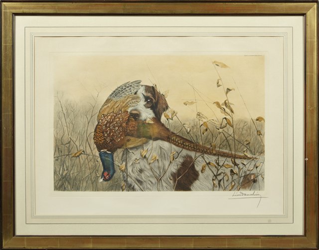 Leon Danchin (1887-1938), "Dog with Pheasant," 20th c.,: Leon Danchin (1887-1938), "Dog with Pheasant," 20th c., lithograph, pencil signed l.r., framed, H.- 15 in., W.- 22 3/4 in.