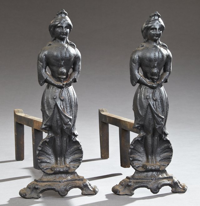 Pair of American Cast Iron "Lady Liberty" Andirons,: Pair of American Cast Iron "Lady Liberty" Andirons, 19th c., H.- 17 1/2 in., W.- 7 3/4 in., D.- 19 in.
