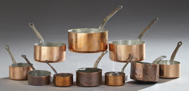 Group of Ten Graduated Copper Saucepans, early 20th c.,: Group of Ten Graduated Copper Saucepans, early 20th c., with iron handles, Largest- H.- 7 1/8 in., W.- 7 in., D.- 14 1/2 in.