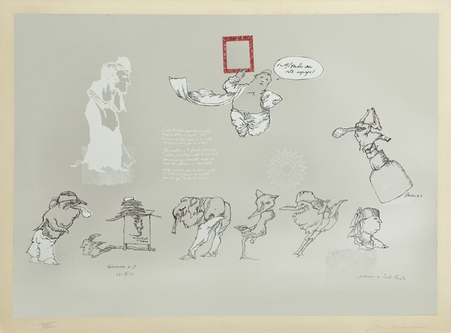 Jose Luis Cuevas (1934- , Mexico), "Quevedo # 3," 20th: Jose Luis Cuevas (1934- , Mexico), "Quevedo # 3," 20th c., screenprint on silver paper, shrink wrapped, H.- 22-1/2 in., W.- 30 in.