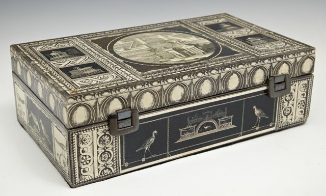 Unusual Lacquered Decoupage Box, 20th c., signed "PND": Unusual Lacquered Decoupage Box, 20th c., signed "PND" for Prescott N. Dunbar, New Orleans, with black and white scenes of architecture and animals, H.- 4 in., W.- 12 7/8 in., D.- 7 1/2 in.