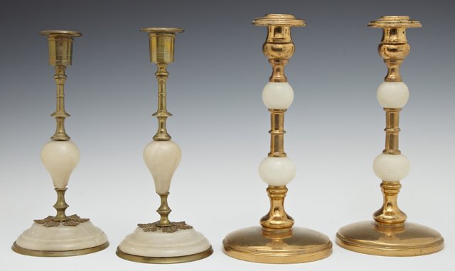 Group of Four Brass and Alabaster Candlesticks, early: Group of Four Brass and Alabaster Candlesticks, early 20th c., consisting of two pairs, Taller- H.- 9 1/4 in., Dia.- 4 1/2 in.