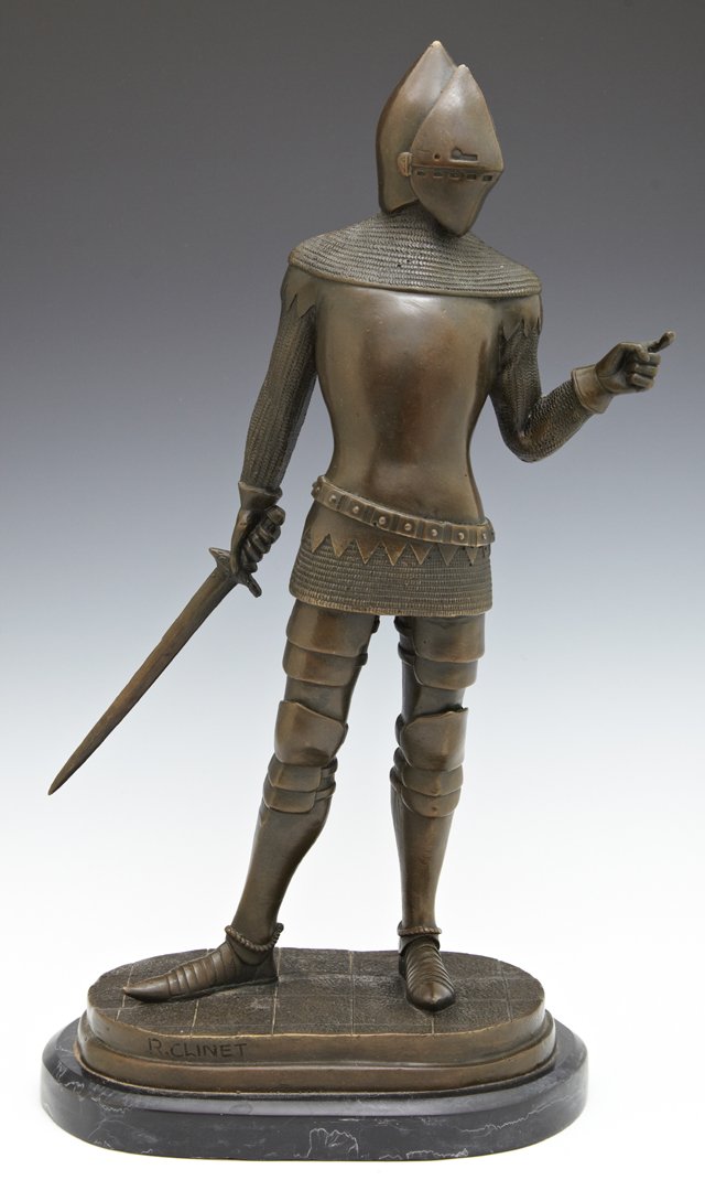 R. Clinet, "Knight in Armor," patinated bronze, 20th: R. Clinet, "Knight in Armor," patinated bronze, 20th c., on a highly figured black marble base, H.- 15 in., W.- 7 7/8 in., D.- 5 1/4 in.