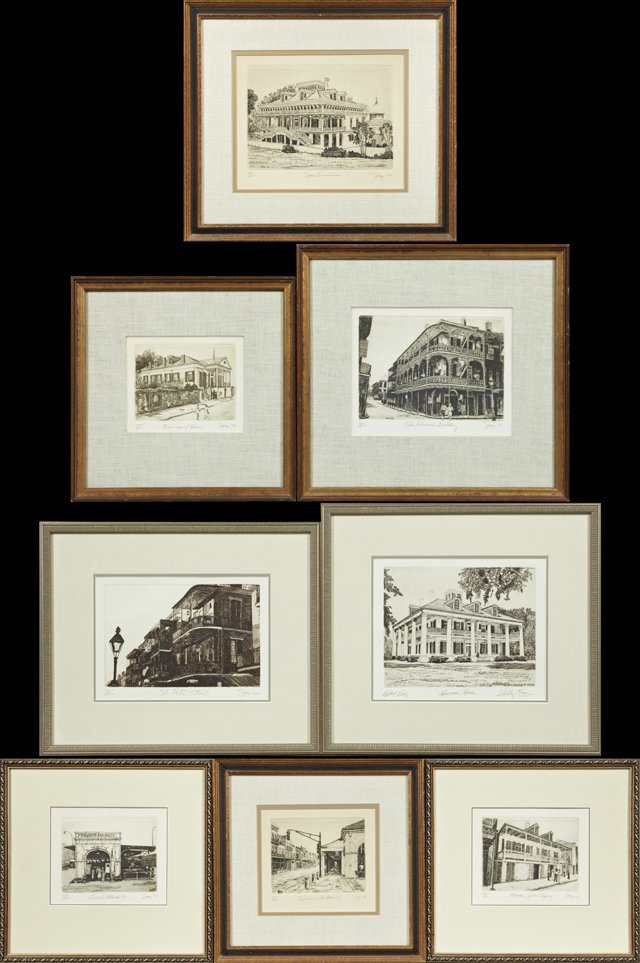 Philip Sage (American/Louisiana, b. 1942), collection: Philip Sage (American/Louisiana, b. 1942), collection of eight etchings of Louisiana scenes, all signed, titled and numbered, framed, Largest- H.- 8 in., W.- 10 in.
