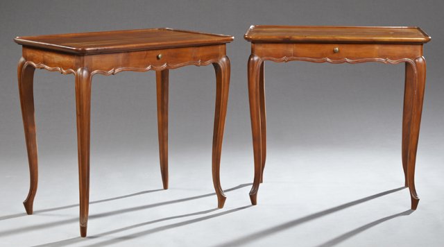 Pair of French Louis XV Style Carved Mahogany Side: Pair of French Louis XV Style Carved Mahogany Side Tables, 20th c., with dished rectangular tops over a serpentine skirt with a central frieze drawer, on carved cabriole legs to French toes, H.- 27 7/