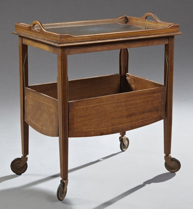 French Directoire Style Inlaid Mahogany Tea Cart, early: French Directoire Style Inlaid Mahogany Tea Cart, early 20th c., the removable glass tray over an inlaid top above a lower shelf with four folding drop sides, on banded square tapered legs on wheels, 